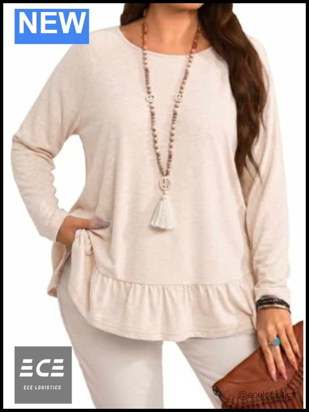 Plus Size Ruffle Hem Long Sleeve Crew Neck Raglan Knit Top
